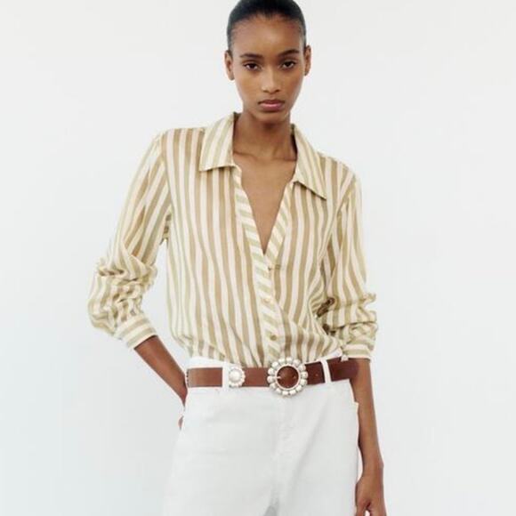 Zara Flowy Striped Long Sleeve Gold Buttons Shirt Ecru/Green Sz L - Picture 1 of 13
